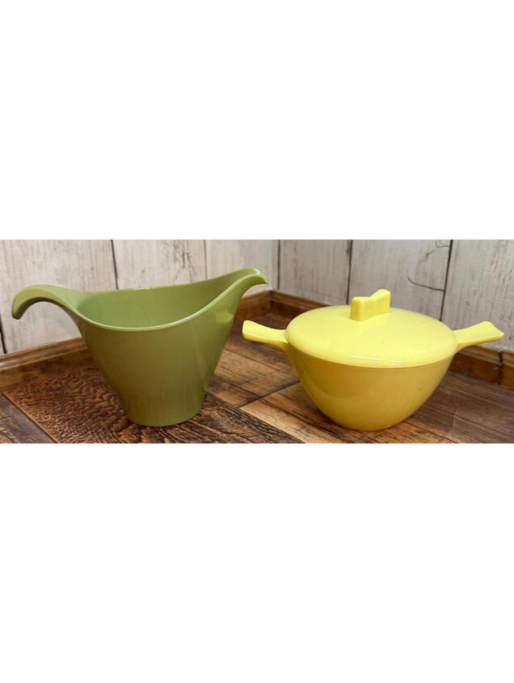 Vintage Stetson Melmac Olive Green Creamer and Butter Yellow Sugar Bowl Set